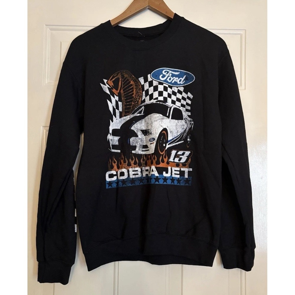 Ford Cobra Jet 13 Crewneck Sweatshirt Men's Small Black Retro Sleeve Print NWOT